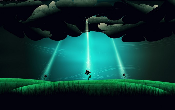 Illustration of flowers under beams of light