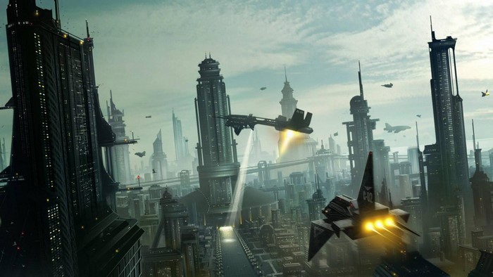 Futuristic cityscape with flying vehicles and skyscrapers