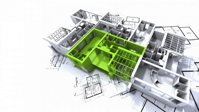 3D architectural model on blueprints