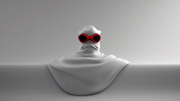 White character with red goggles on a gray surface