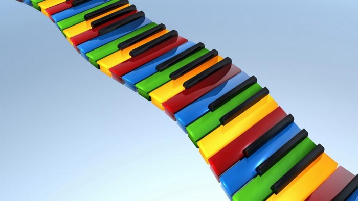 Colorful piano keyboard keys on a blue background