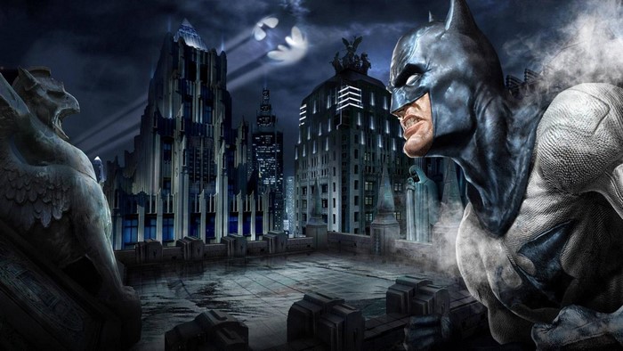 Batman on a rooftop in Gotham City