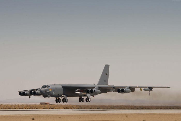 Boeing B-52 Stratofortress landing on runway