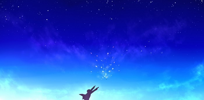 Silhouette of a person reaching for stars in a blue night sky