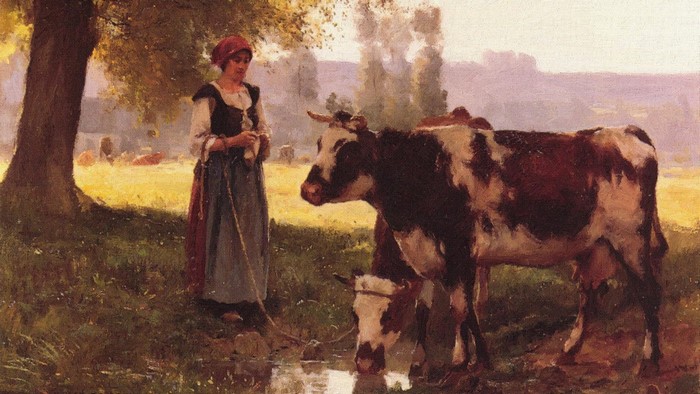 Woman and Cows by a Stream in Classic Farm Scene