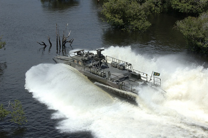 Brazilian Army CB90 combat boat on a river
