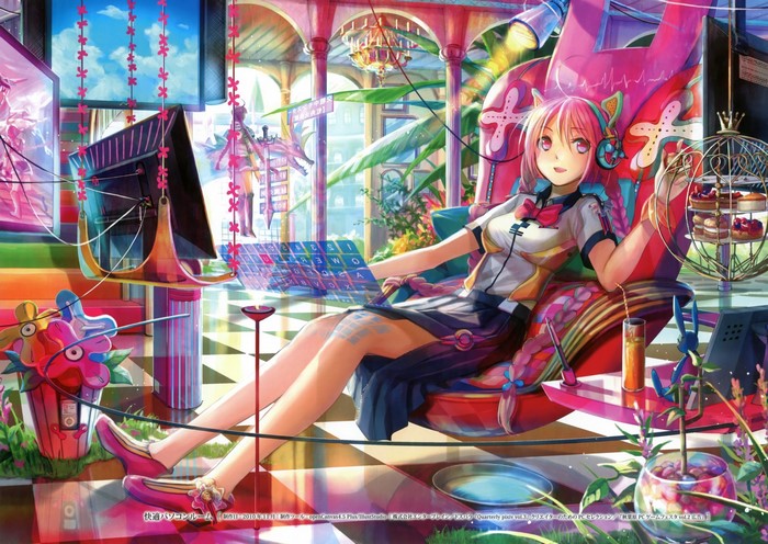 Girl with pink hair and headphones in a futuristic room