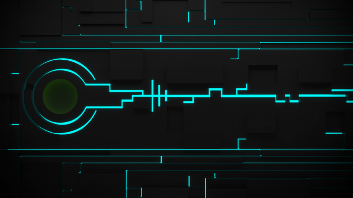 Abstract digital art with blue circuitry on black background