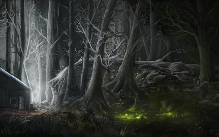 Dark forest with a cabin and glowing swamp