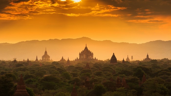 Ancient temples and pagodas at sunset in Bagan, Myanmar
