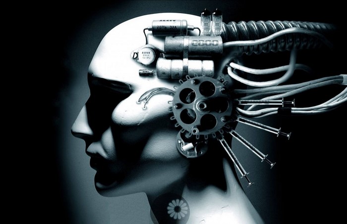 Monochrome image of a cyborg head with wires and gears