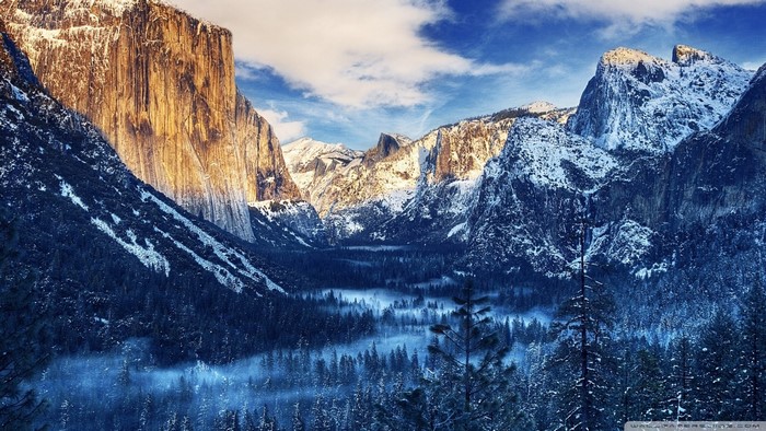 Winter landscape of Yosemite National Park with snow-covered mountains