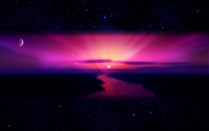 Cosmic sunset over a river with moon and stars