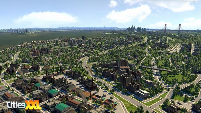 Cities XXL video game cityscape with residential areas and industrial zones