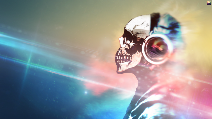 Skull with headphones on colorful background
