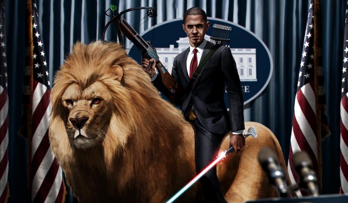 Barack Obama with a crossbow and lightsaber riding a lion