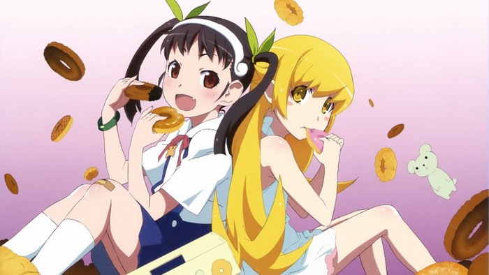 Oshino Shinobu and Hachikuji Mayoi from Monogatari Series eating donuts