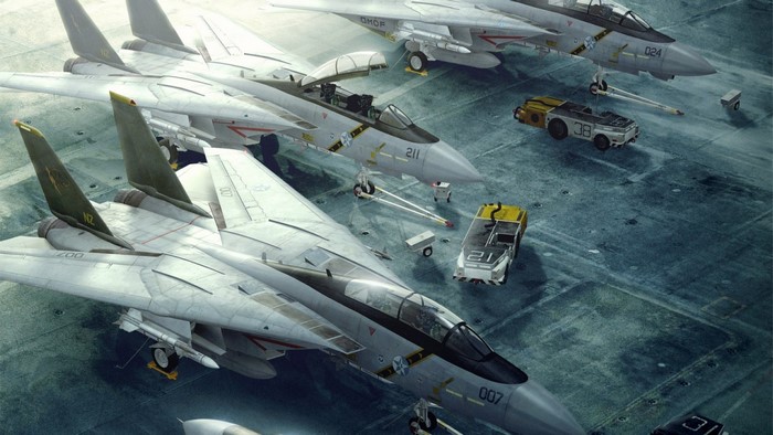 F-14 Tomcat fighter jets on an aircraft carrier deck