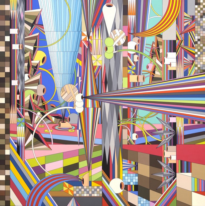 Abstract geometric mural with colorful patterns