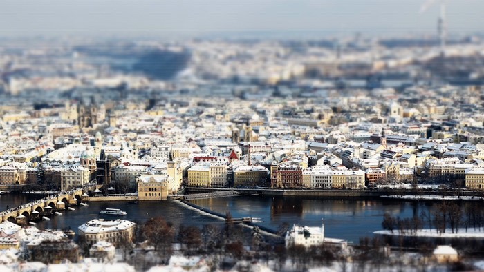 Prague cityscape with Charles Bridge in winter