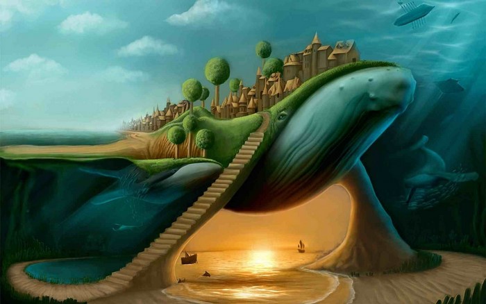Surreal split-view illustration of a whale carrying a city underwater and on land