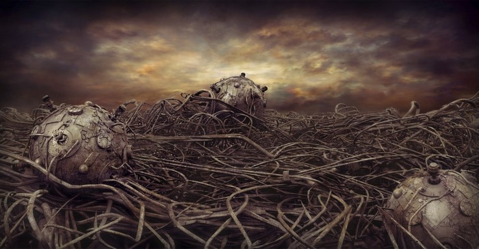 Steampunk spheres in a desolate landscape