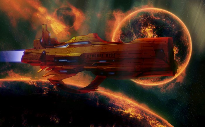 Spaceship 'CRUSHER 0102' in a fiery cosmic environment