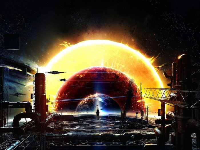 Sci-fi industrial complex with planets and sun