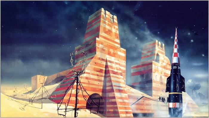 Science fiction landscape with Chris Foss towers and rocket