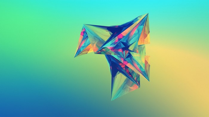 Abstract geometric crystal sculpture with colorful facets on gradient background