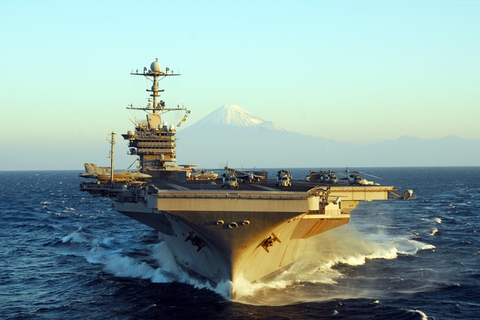 USS George Washington aircraft carrier with Mount Fuji