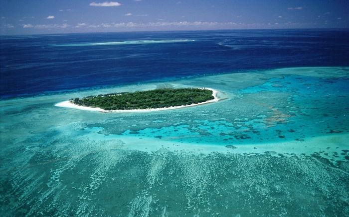 Island surrounded by coral reef and ocean