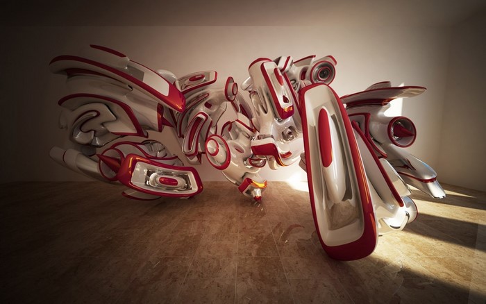 Abstract 3D sculpture with red and white elements