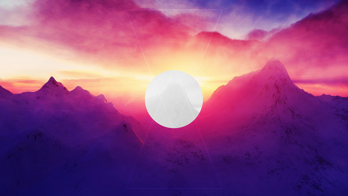 Digital art of mountains at sunrise with geometric overlay