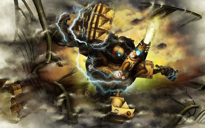 Steampunk robot with lightning in a cloudy sky