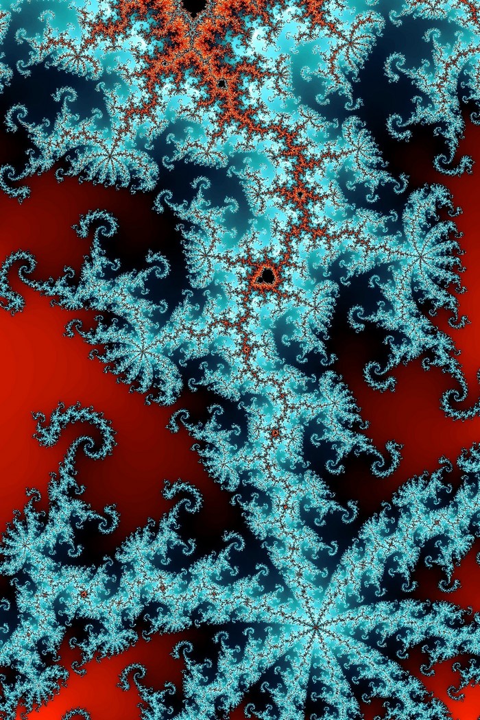Abstract fractal pattern in blue, red, and black