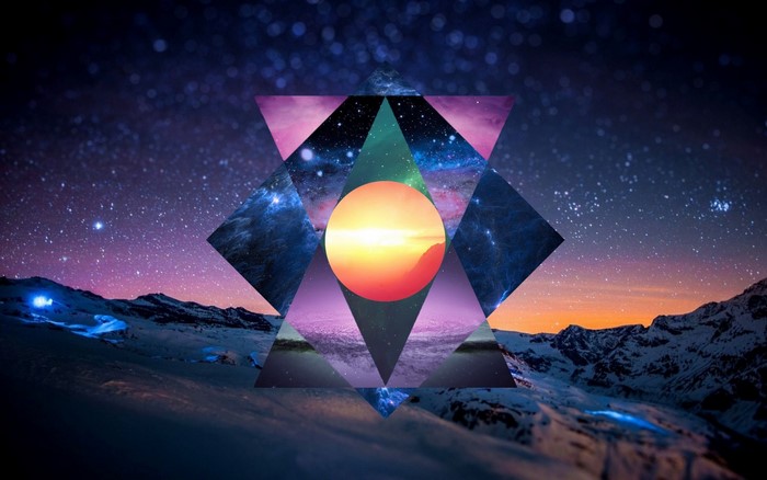 Geometric overlay on starry night sky over snowy mountains
