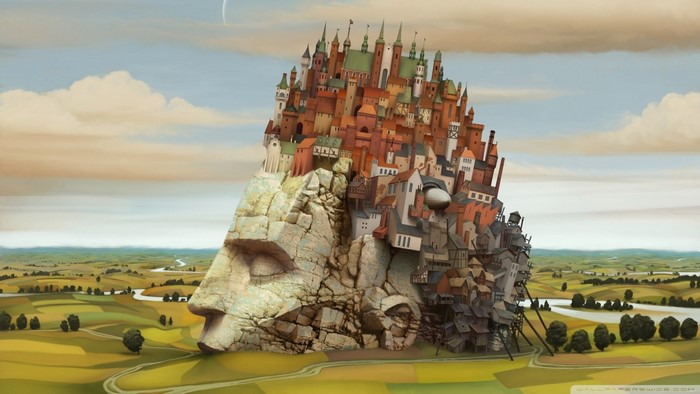 Surreal landscape with a city built on a rock face resembling a head