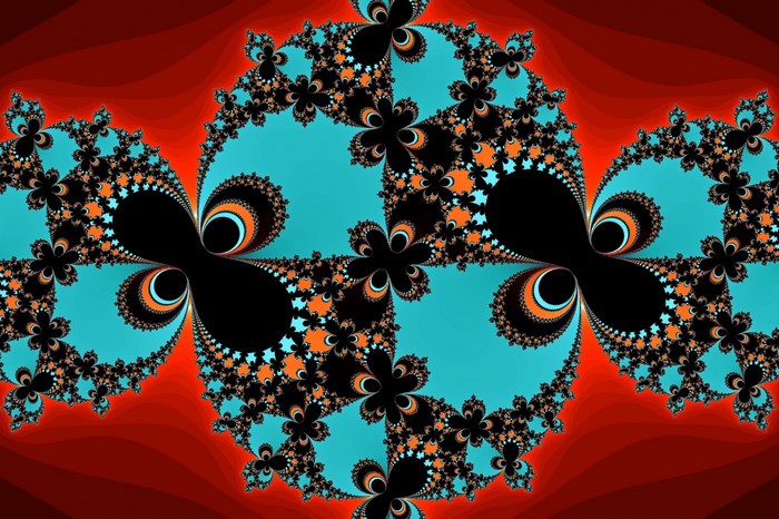 Abstract fractal pattern with red, teal, black, and orange colors