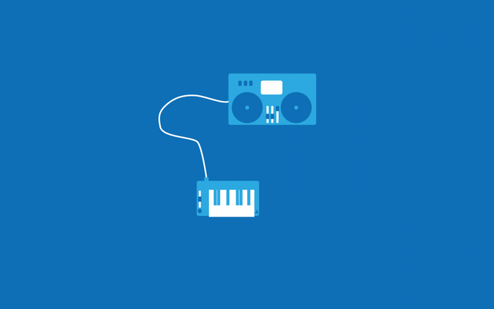 Minimalist illustration of a DJ controller and keyboard connected by a wire
