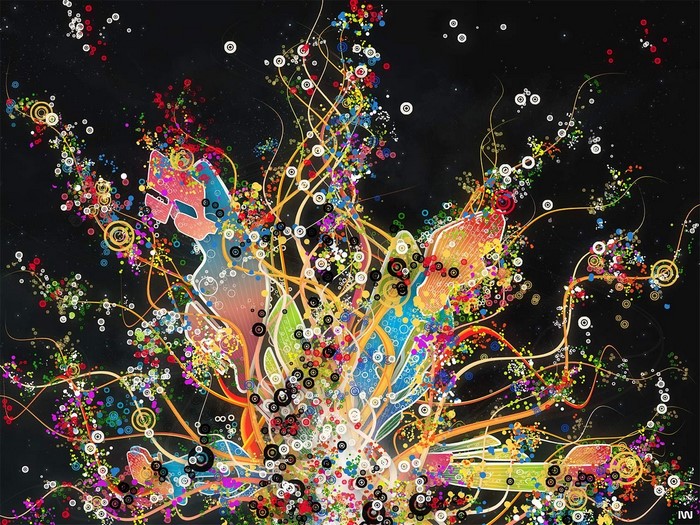 Abstract artwork with colorful circles and swirling lines
