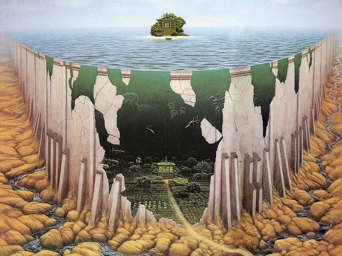 Surreal artwork by Jacek Yerka with a cliff, island, and sea