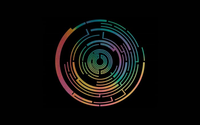 Circular maze logo with rainbow gradient on black background