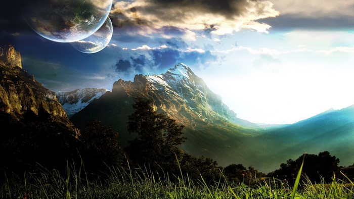 Digital art landscape with mountains, planets, and clouds