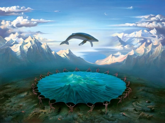 Whale leaping over people holding a water sheet with mountains