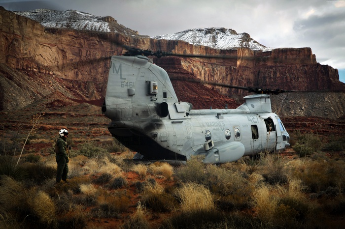 Marine CH-47 Chinook helicopter in desert landscape