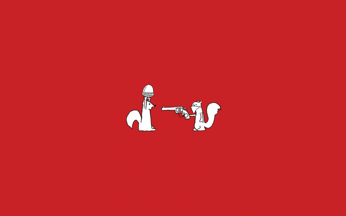 Two squirrels, one holding an acorn, the other a gun
