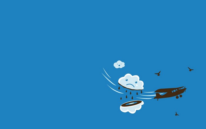 Sad cloud raining on airplane with birds