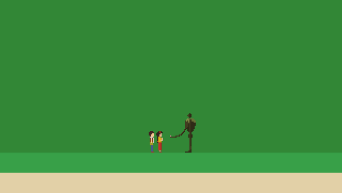 Two children and a robot on a green field
