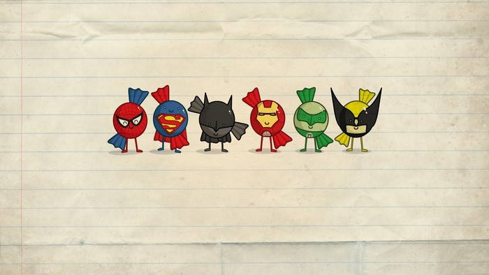 Superhero candies on a notebook paper